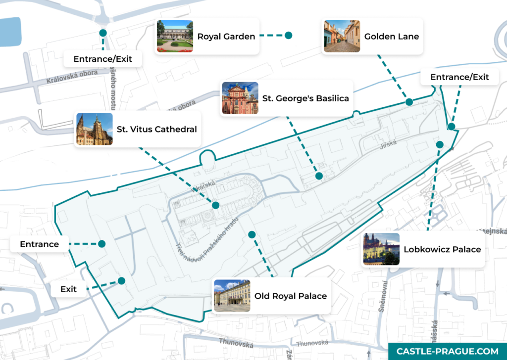 Map of Prague Castle complex showing St. Vitus Cathedral, Royal Palace, and Golden Lane
